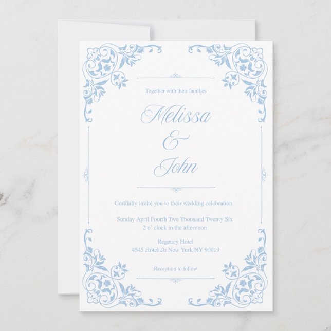 French Country Blue Filigree Wedding invitation (Front)