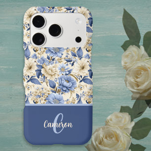 French Country Blue Floral Peonies Roses Monogram iPhone 17 Pro Case
