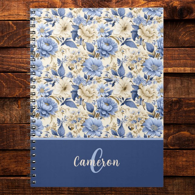 French Country Blue Floral Peonies Roses Monogram Notebook (Creator Uploaded)