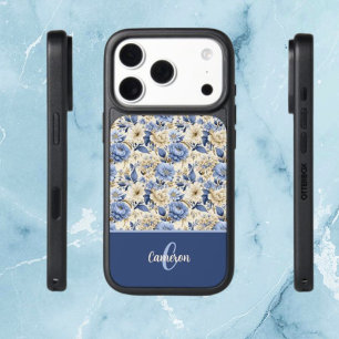 French Country Blue Floral Peonies Roses Monogram iPhone 17 Pro Case