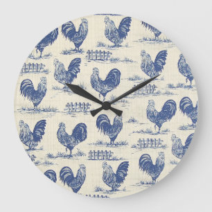 French Country Blue Roosters Print Clock