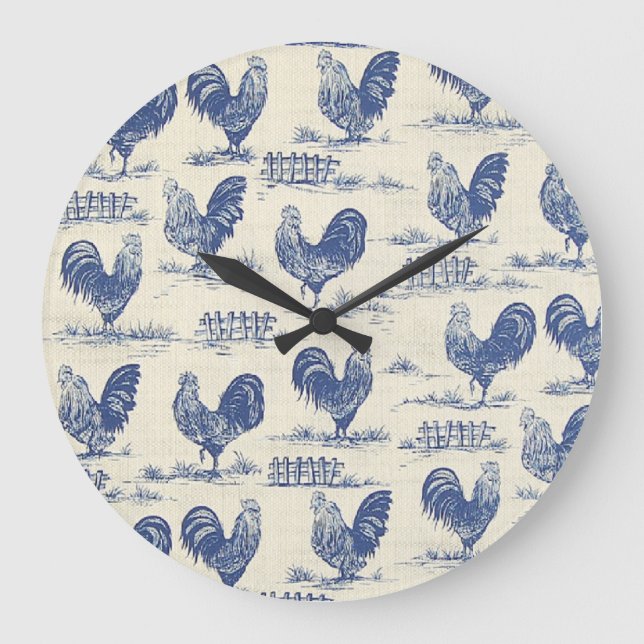French Country Blue Roosters Print Clock (Front)