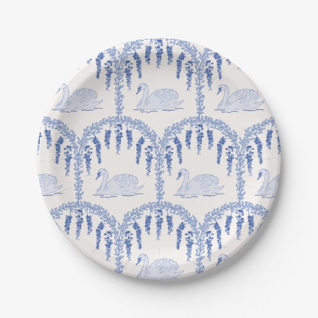 French Country Blue Swans and Floral Vines Paper Plates (Front)