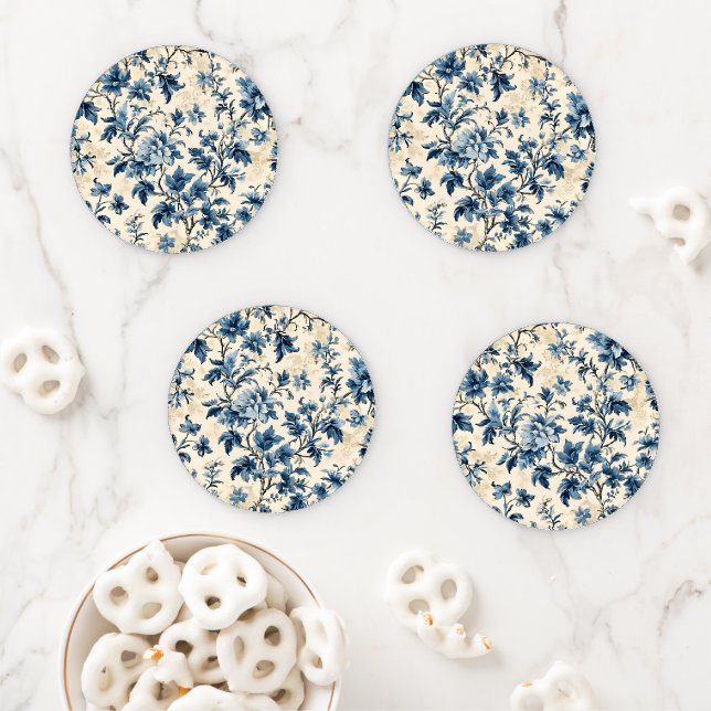 French Country Blue Toile Coaster Set (In Situ)