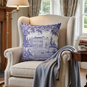 French Country Blue Toile Pillow - Garden Scene
