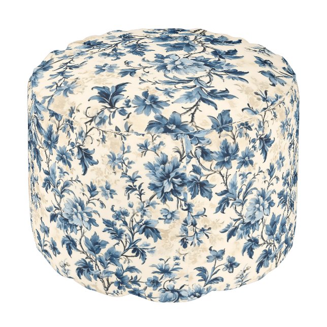 French Country Blue Toile Pouf (Angled Front)