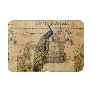 french country botanical art vintage peacock bath mat
