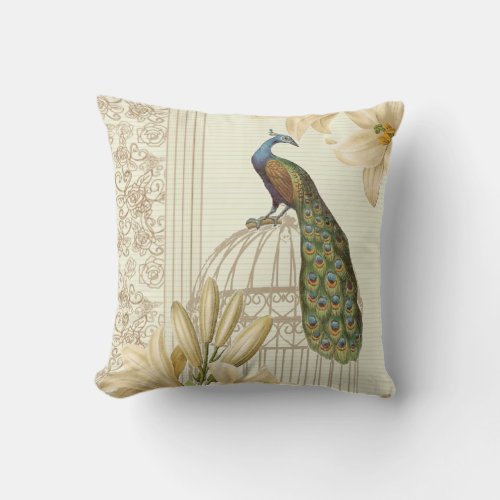 french country botanical lily vintage Peacock Throw Pillow