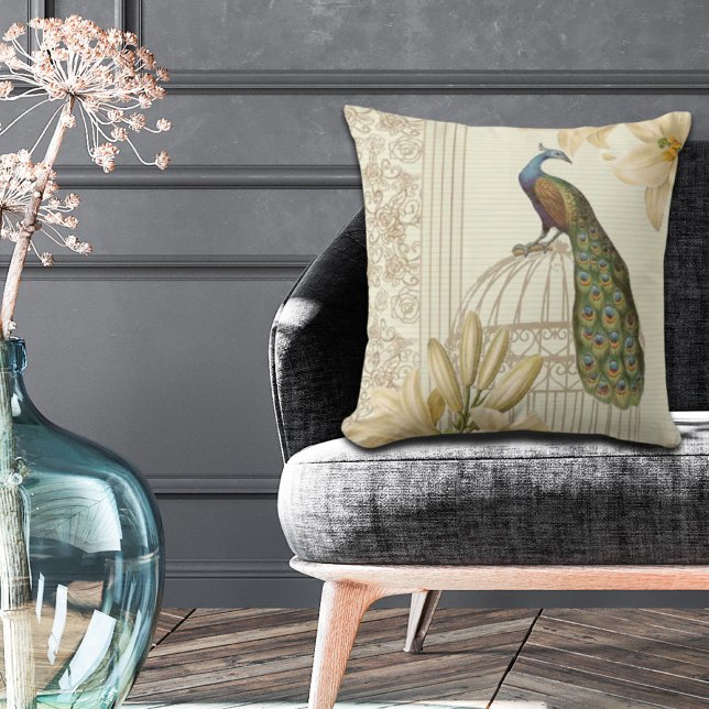 french country botanical lily vintage Peacock Throw Pillow (french country botanical lily vintage Peacock Throw Pillow)
