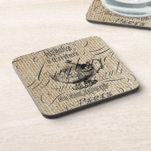 french country burlap scripts teapot tea party coaster