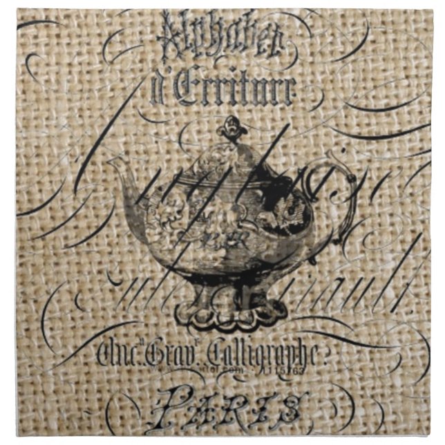 french country burlap scripts teapot tea party napkin (Front)