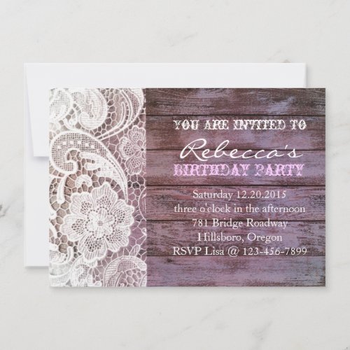 lilac lace barnwood vintage birthday party announcements