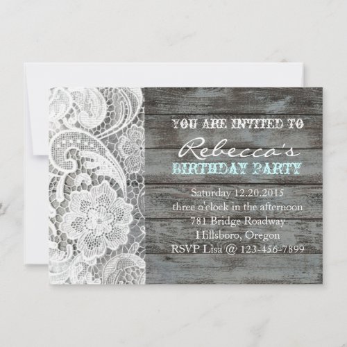 white lace barnwood vintage birthday party custom invites