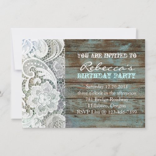 blue country lace barnwood vintage birthday party personalized invite