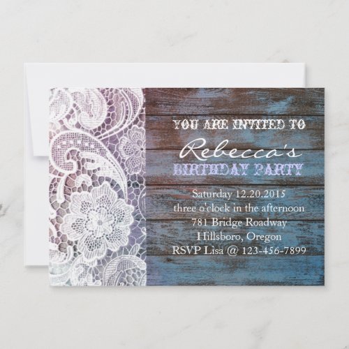 blue country lace barnwood vintage birthday party personalized invitation