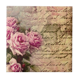French country chic,shabby chic, pink roses, flora ceramic tile
