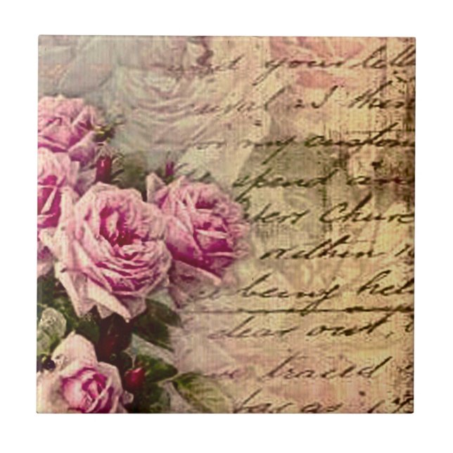 French country chic,shabby chic, pink roses, flora ceramic tile (Front)