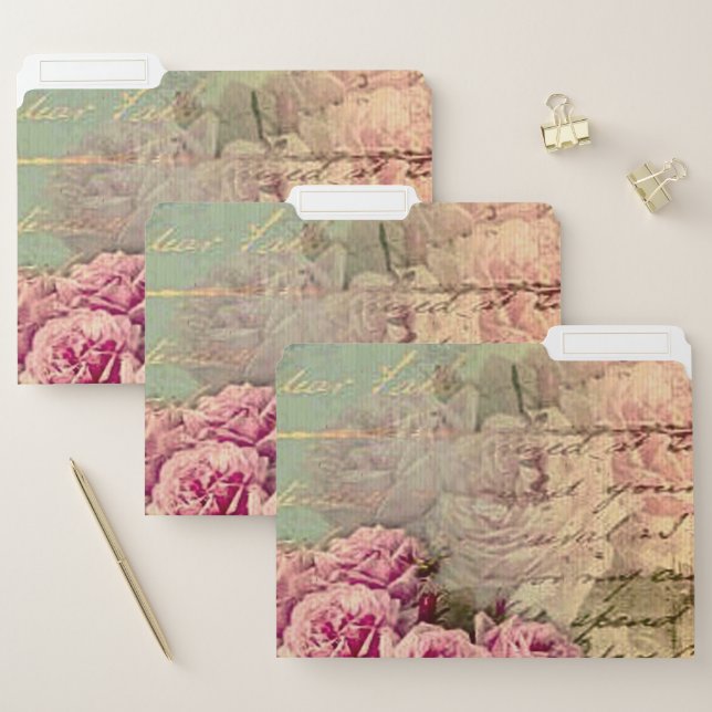 French country chic,shabby chic, pink roses, flora file folder (Set)