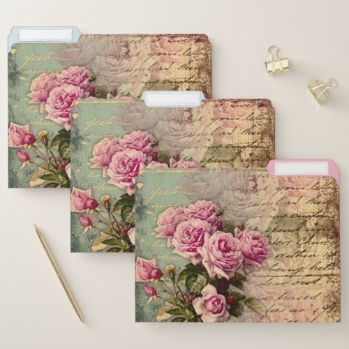 French country chicshabby chic pink roses flora file folder