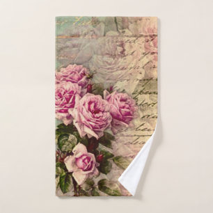 French country chic,shabby chic, pink roses, flora hand towel