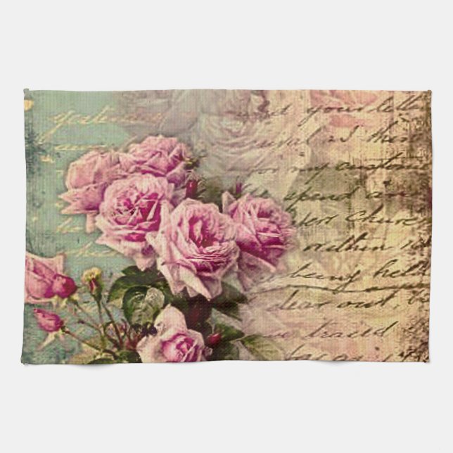 French country chic,shabby chic, pink roses, flora kitchen towel (Horizontal)