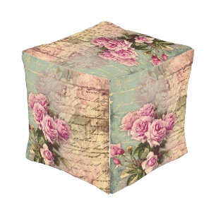 French country chic,shabby chic, pink roses, flora outdoor pouf