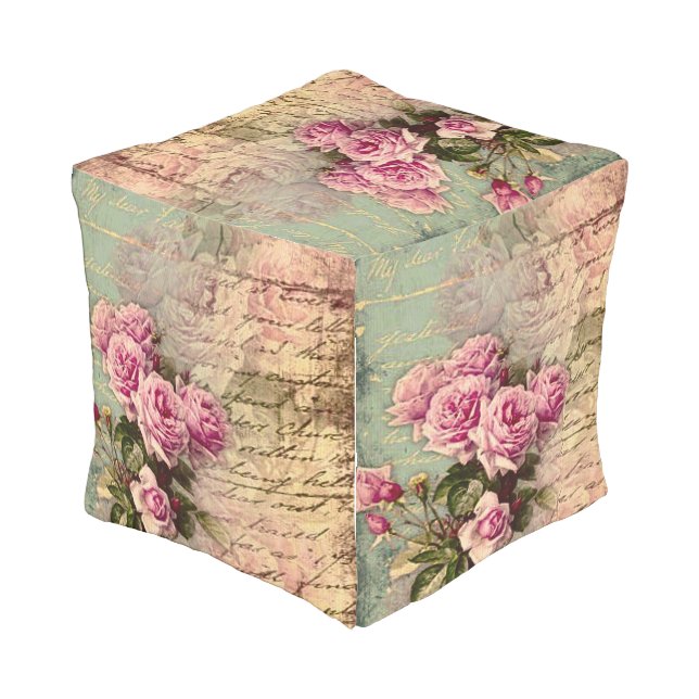 French country chic,shabby chic, pink roses, flora outdoor pouf (Angled Back)