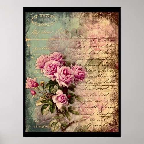 French country chicshabby chic pink roses flora poster