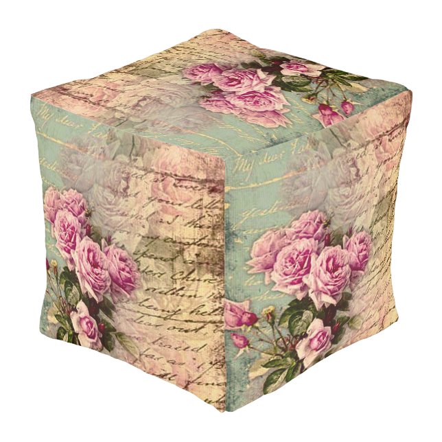 French country chic,shabby chic, pink roses, flora pouf (Angled Back)