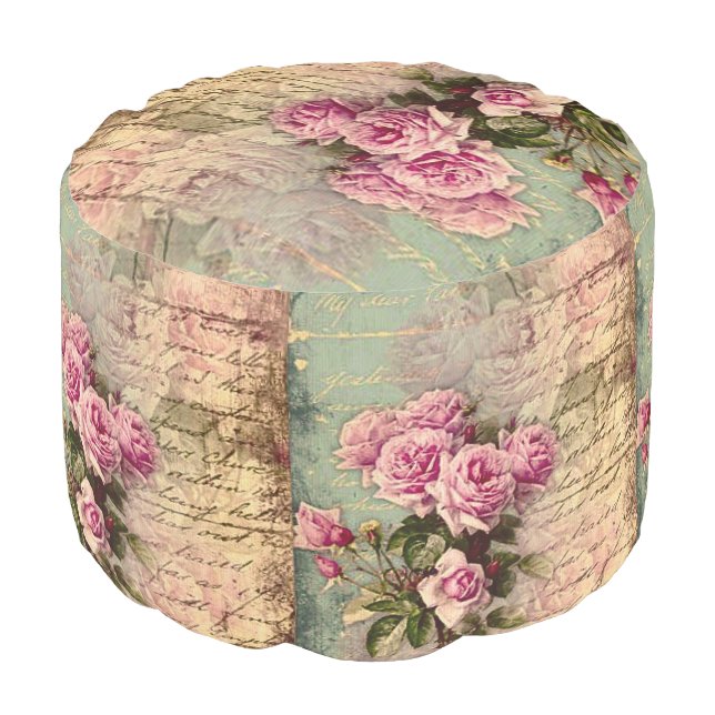 French country chic,shabby chic, pink roses, flora pouf (Angled Front)