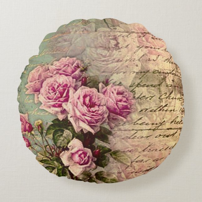 French country chic,shabby chic, pink roses, flora round pillow (Front)