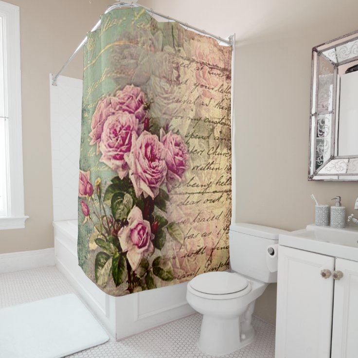 French country chic,shabby chic, pink roses, flora shower curtain Zazzle