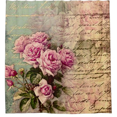 French country chicshabby chic pink roses flora shower curtain