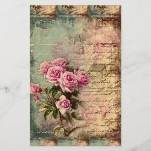 French country chic,shabby chic, pink roses, flora stationery