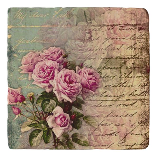 French country chic,shabby chic, pink roses, flora trivet (Front)