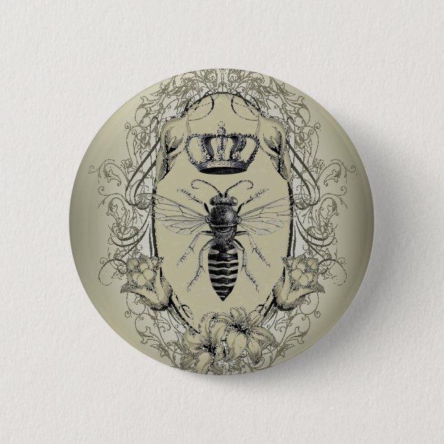 french country chic victorian crown queen bee pinback button (Front)