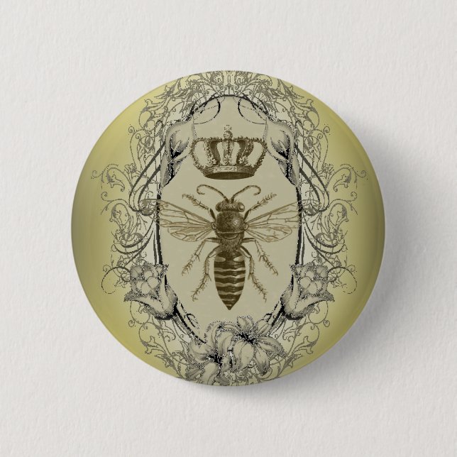 french country chic victorian crown queen bee pinback button (Front)