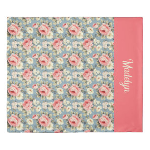 French Country Cottage Floral Coral Pink Monogram Duvet Cover