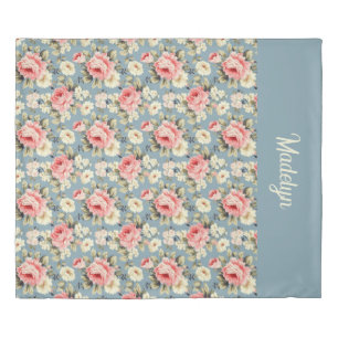 French Country Cottage Floral Dusty Blue Monogram Duvet Cover