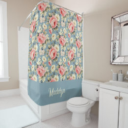 French Country Cottage Floral Dusty Blue Monogram Shower Curtain