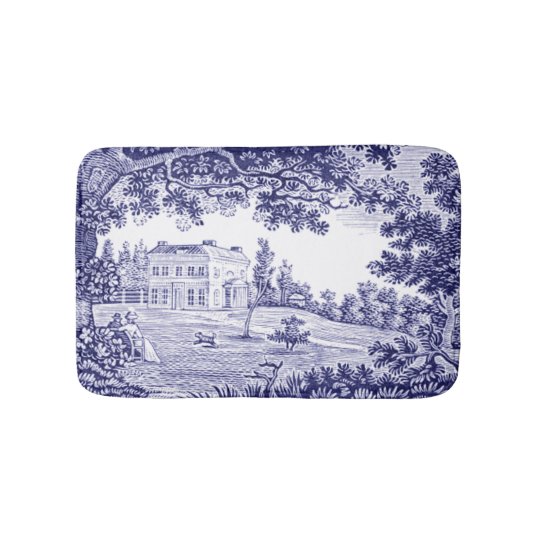 French Country Decor Blue Toile Bathroom Mat