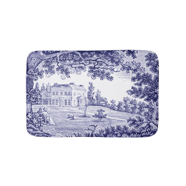 French Country Decor Blue Toile Bathroom Mat (Front)