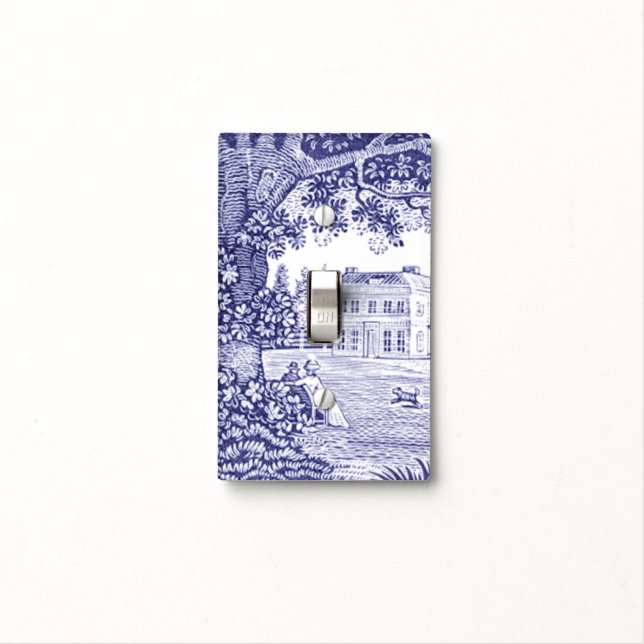 French Country Decor Blue Toile Light Switch Cover (In Situ)