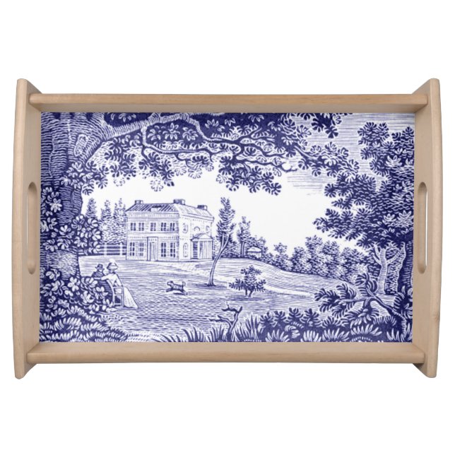 French Country Decor Blue Toile Serving Tray (Front)