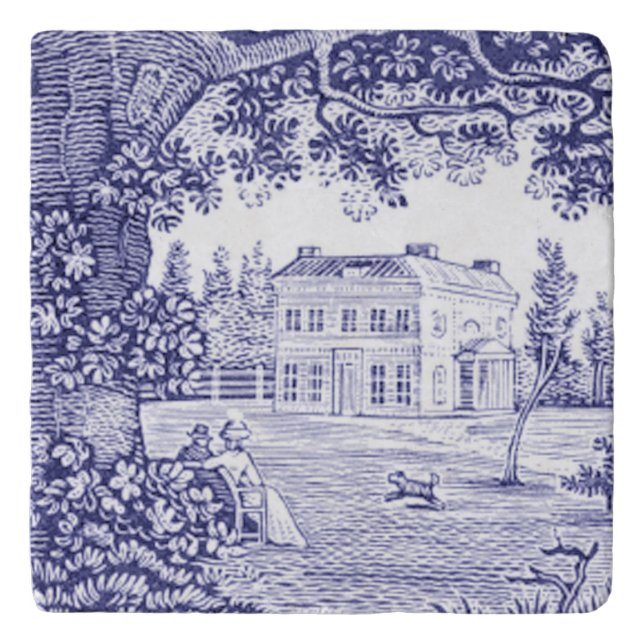 French Country Decor Blue Toile Trivet (Front)