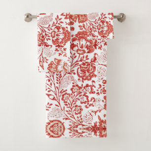 French Country Decor Red Toile Bath Towel Set