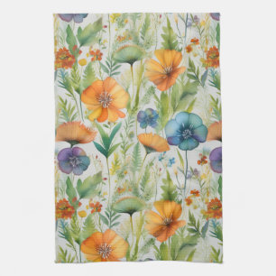 French Country Decor Watercolor Wildflowers Kitchen Towel