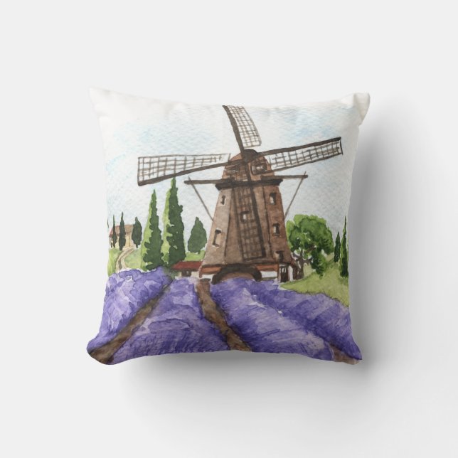 French Country Decor Windmill & Lavender Fields Throw Pillow (Front)