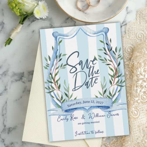 French Country Dusty Blue Stripe Garden Wedding Save The Date
