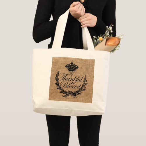 french country farm burlap thankful and blessed large tote bag